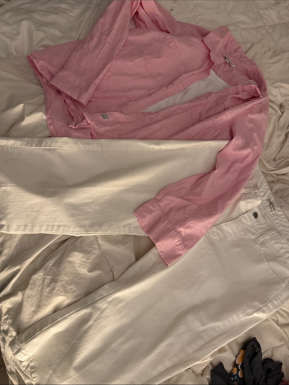 Always and Forever Pink Button-Up Shirt with denim capris